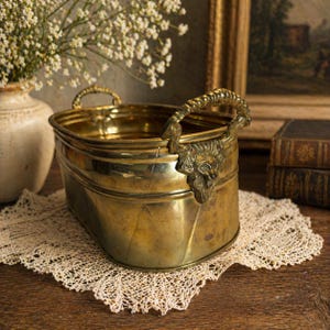 Vintage Brass Lion Head Oblong Planter Jardiniere With Handles