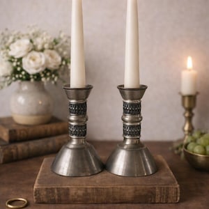 Vintage Pewter Normandy Candle Holders Pair With Etched Detailing & Flared Base 4.5" Tall