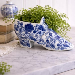 Blue and White Planter Porcelain Shoe Figurine Decorative Heeled Shoe Vase Home Decor
