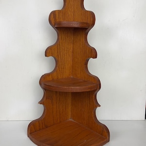 Vintage Wooden Corner Wall Shelf Unit With Ornate Design & Three Tiers Handmade