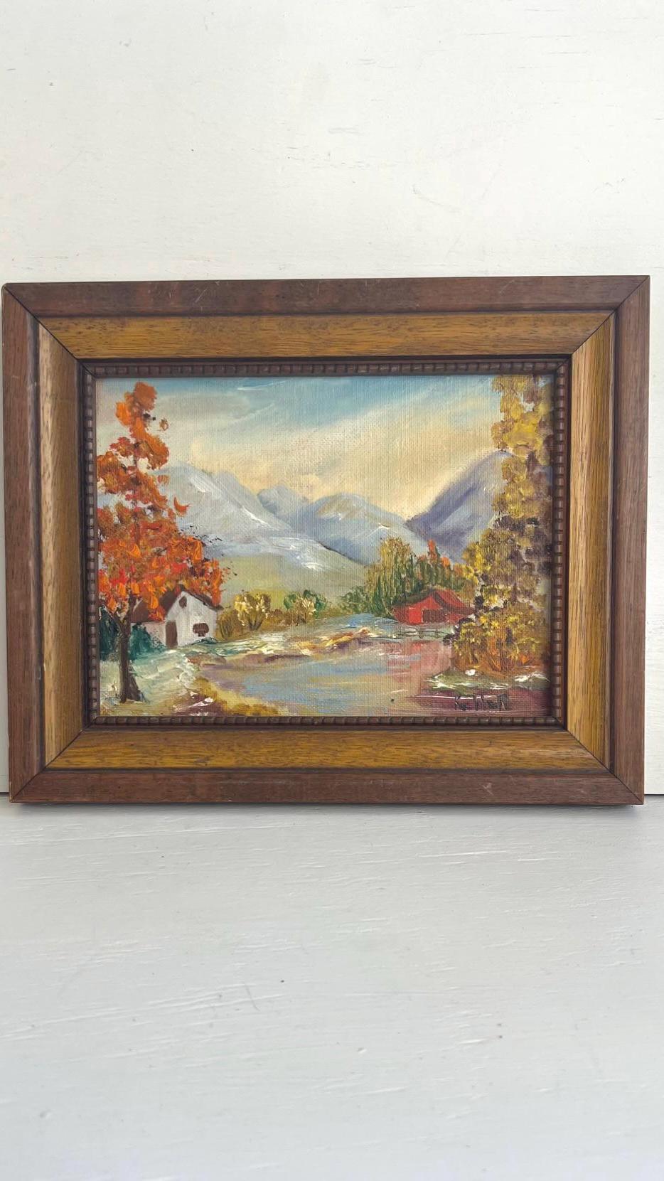 ヴィンテージの山と川の油絵：木製フレーム入りのサイン入り風景画