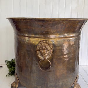 Elegante decoratieve plantenpot met gehamerd messing leeuwenkop en klauwpoten, maat XL