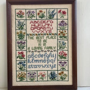 Vintage Framed Cross Stitch Needlepoint &quot;The Best Place To Be Is In A Loving Family&quot; ABC Sampler 14x19