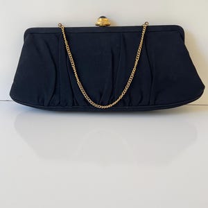 Vintage Black Satin Clutch With Gold Chain Strap & Jeweled Clasp Closure