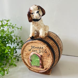 Vintage Ceramic Dog On Barrel Coin Bank With &quot;Beware Of The Dog&quot; Text