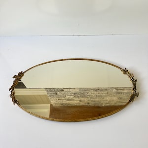 Vintage Oval Vanity Mirror With Gold-Tone Ornate Filigree Floral Frame Perfume Dresser Top Holder 19&quot;x10.5&quot;