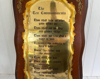 Vintage Wood & Brass Ten Commandments Wall Plaque With Floral Engraving