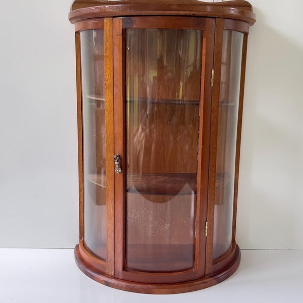 Vintage Curio Display Cabinet With Glass Doors & Shelves Hanging or Stands Convex Shape