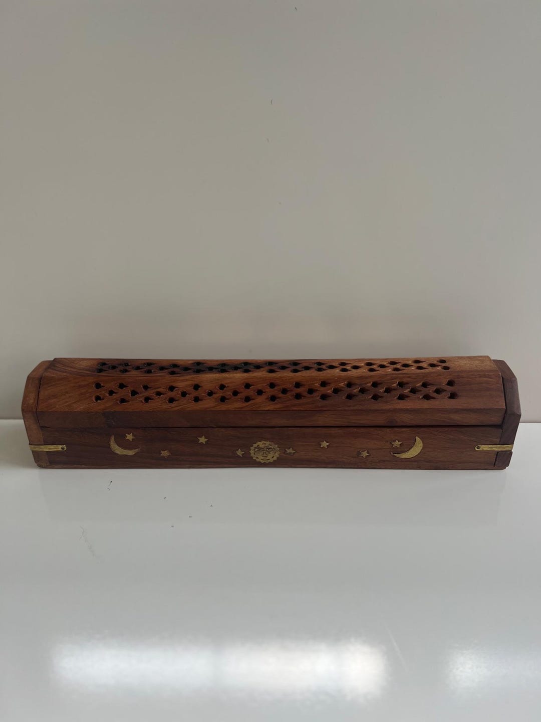 Handmade Wooden Incense Holder Box With Moon & Stars Design