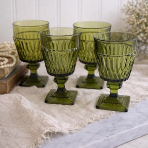 Set Of 4 Vintage Green Glass Goblets With Textured Design & Square Base