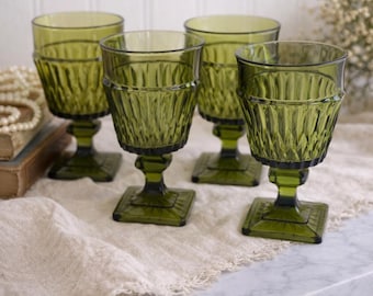 Set Of 4 Vintage Green Glass Goblets With Textured Design & Square Base