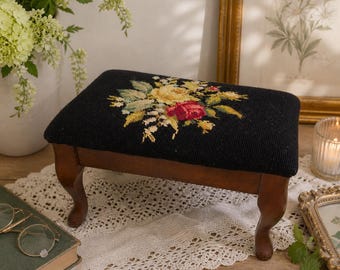 Vintage Wooden Floral Footstool With Floral Needlepoint Upholstered Top