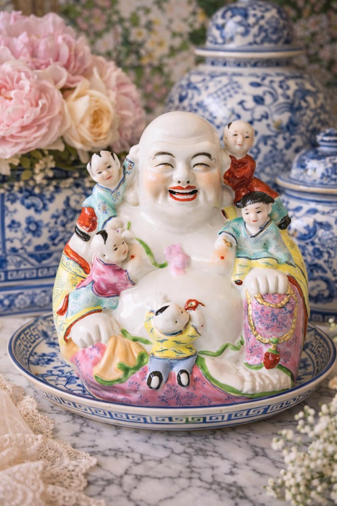 Vintage Laughing Buddha Figurine With Children Hand-painted