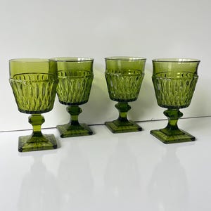 Set Of 4 Vintage Green Glass Goblets With Textured Design & Square Base