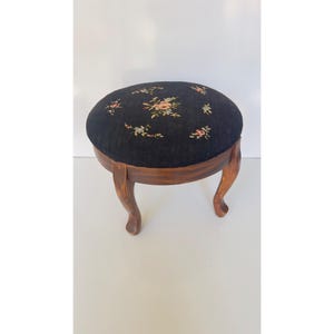 Vintage Wooden Floral Footstool With Floral Needlepoint Upholstered Top