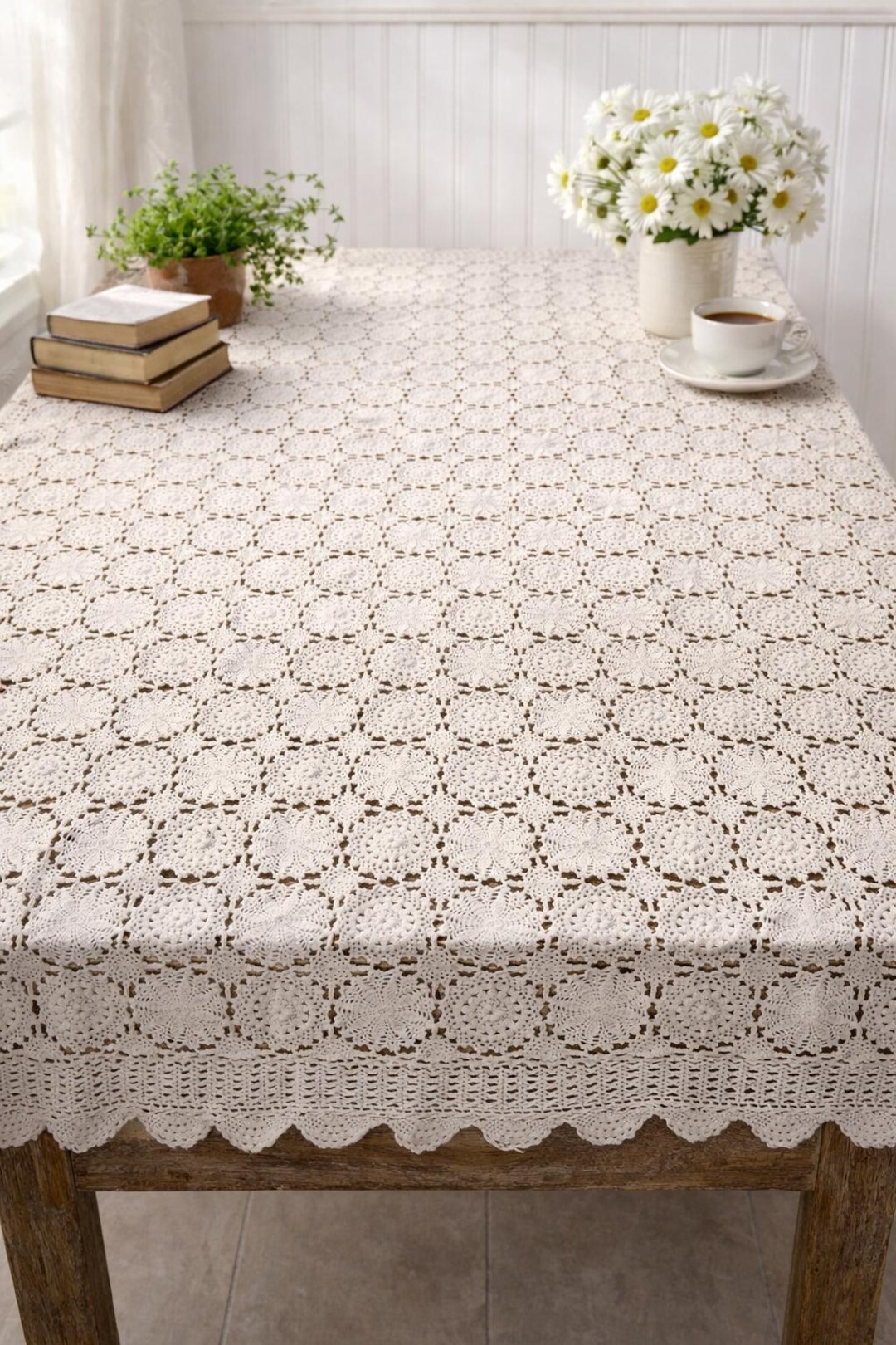Vintage Crochet Tablecloth Rectangular 102x50 Inch Diameter Cream Color ...