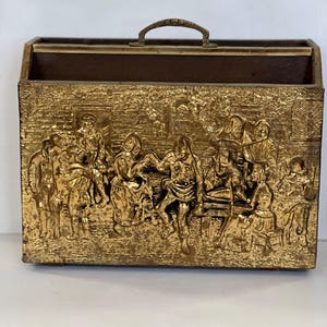 Vintage English Brass and Wooden Magazine Holder Tavern Scene Mid-20th Century
