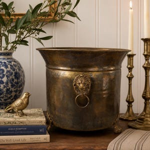 Elegante maceta decorativa de latón con cabeza de león martillada y patas de garra XL