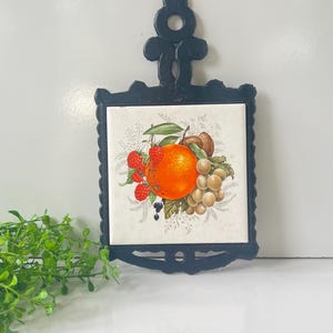 Vintage Cast Iron Trivet: Ceramic Fruit Tile, Kitchen Decor