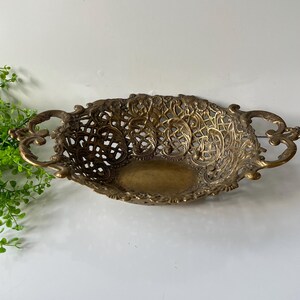 Antique Ornate Brass Filigree Handled Basket Dish Bowl Vintage Decorative Display