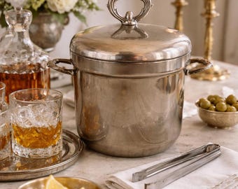 Vintage Silver Plate Ice Bucket With Ornate Lid & Handles Yellow Liner For Insulation