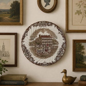 Peut inclure: Une assiette décorative ronde en céramique avec une impression brune de style transfert représentant un bâtiment à plusieurs étages et une calèche. Le bord festonné présente un motif floral et à volutes brun sur fond blanc.