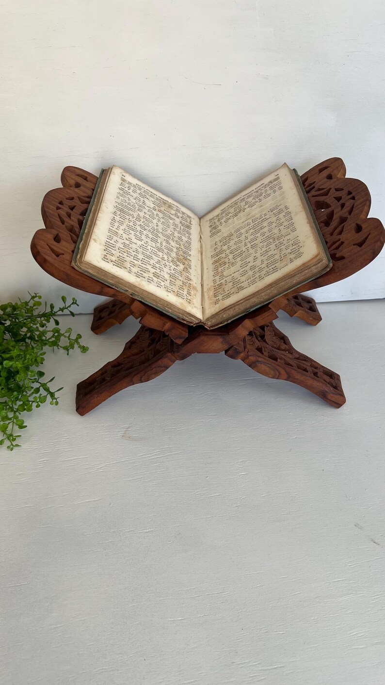 Vintage Bible Book Stand Display Folding Carved Wood Coffee Table Book Decor