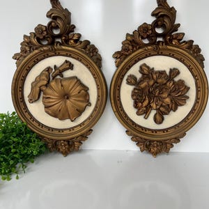 Vintage Dart Ind. Gold Ornate Floral Wall Plaques Set Of 2 8"x13" Made In USA