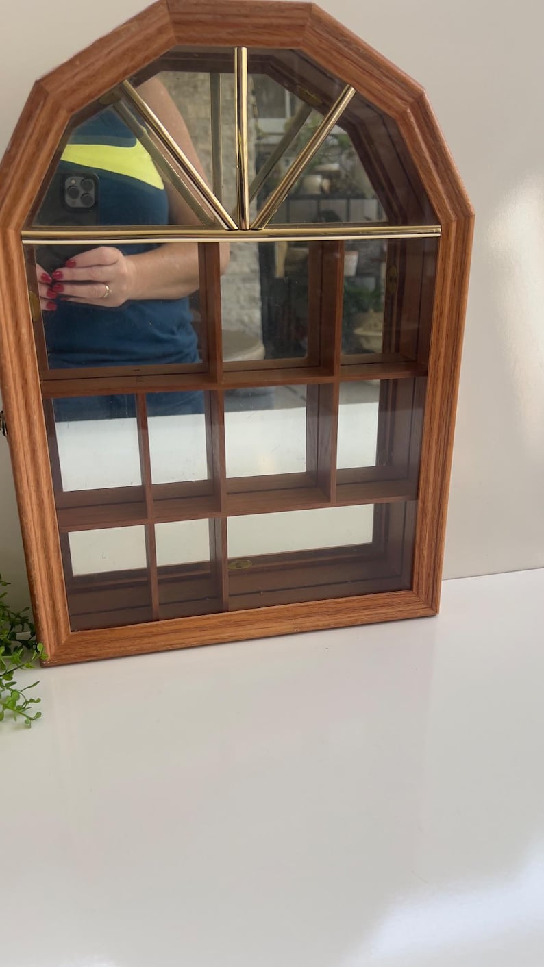 Vintage Wood Glass Display Cabinet With Mirrored Back & Brass Accent Window Design
