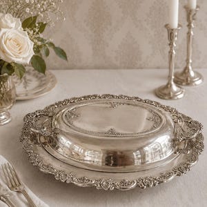 May include: An oval silver serving platter with a matching domed lid, featuring intricate embossed floral and scrollwork borders along the edges and handles. The polished metallic surface reflects light, showcasing a detailed decorative rim design.