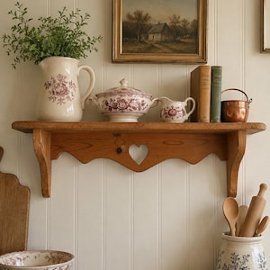 Puede incluir: Una repisa de madera con un recorte en forma de corazón, que sostiene una jarra color crema con patrones florales rojos, una sopera con tapa, una lechera pequeña, dos libros y una olla de cobre. Debajo, un cuenco y un tarro de cerámica con motivos azules.