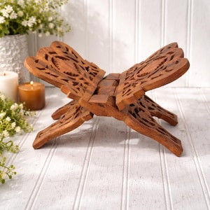 Vintage Bible Book Stand Display Folding Carved Wood Coffee Table Book Decor