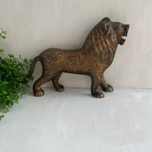 Vintage Brass Lion Figurine: Hand-Engraved Animal Sculpture, 7&quot;
