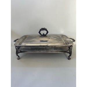 Vintage Silver-Plated Rectangular Chaffing Serving Dish With Ornate Handles & Lid