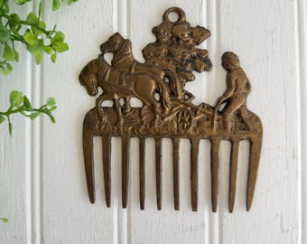 Vintage Brass Horse Comb, Farm Scene Wall Decor