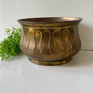 Vintage Handcrafted Brass Planter Bowl With Embossed Design Mid Century Modern Boho