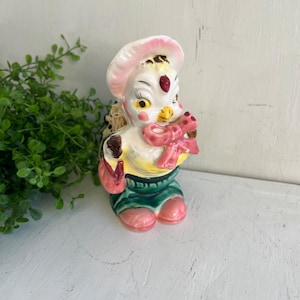 Vintage 1950's Ceramic Chicken Planter Figurine With Pink Bonnet Green Pants Anthropomorhic Kitchy Animal Shelf Sitter