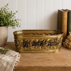 Puede incluir: Una maceta ovalada de metal en tono dorado con un patrón en relieve de hojas y flores en el exterior. El recipiente tiene un borde liso y un acabado metálico con acentos oscuros en las áreas hundidas del diseño floral.