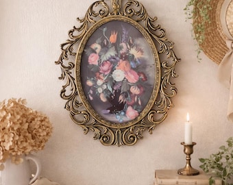 Vintage Brass Italy Oval Floral Still Life Convex Glass Wall Frame