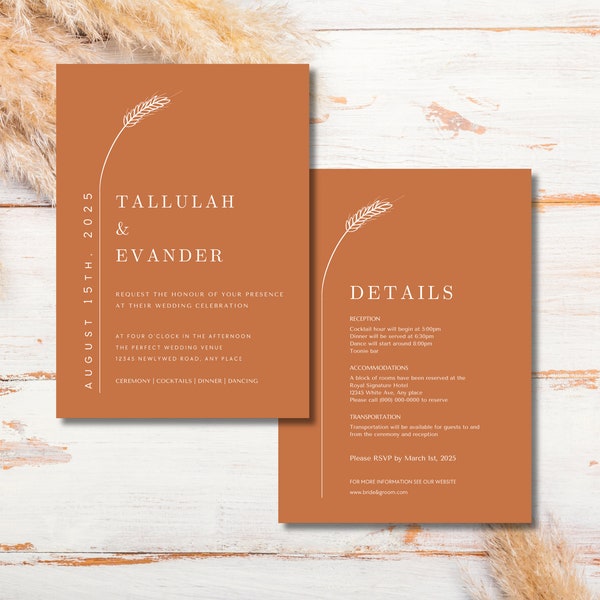 Minimalist Burnt Orange Rust Terracotta Wedding Invitation Suite | Printable, Editable Canva Template