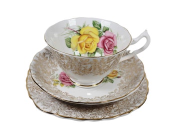 24k Gold Summer Flowers Tea Cup Saucer & Side Plate Very Collectable