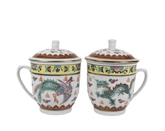 Pair Porcelain Ceramic Dragon Tea Coffee Fast Noodles Mugs with Lids Vintage Chinese