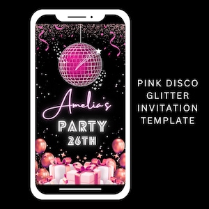 Modèle d'invitation disco scintillant rose | Invitation numérique modifiable | Format 1080 x 1920 px | Fête virtuelle | Envoyer via les réseaux sociaux