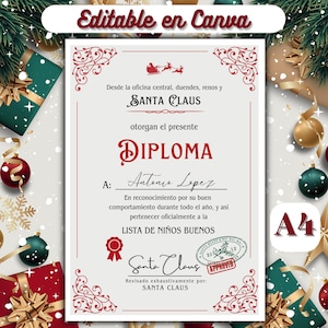 Diploma de Bom Comportamento para Crianças - Certificado Personalizado firmado por Papai Noel - Regalo Único de Navidad
