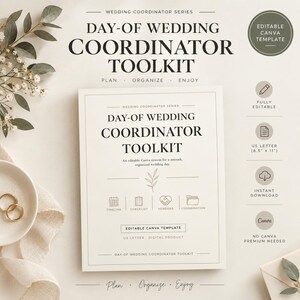 Puede incluir: Una plantilla digital de kit de herramientas para coordinador de bodas con el texto Day-of Wedding Coordinator Toolkit, Plan, Organize, Enjoy y Editable Canva Template. El documento incluye iconos para timeline, checklist, vendors y coordination.