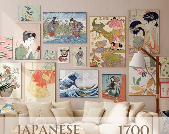 Vintage Japanese Wall Collage Bundle, Aesthetic Old Japan Art Posters, Maximalist Gallery Set, Asian Wall Art Print