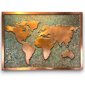 Arte de pared de cobre / Mapa del mundo de metal l Decoración de pátina l Arte de pared con mapa del mundo l Decoración de interiores de entrada l Mapa del mundo de metal Continentes l Decoración de metal