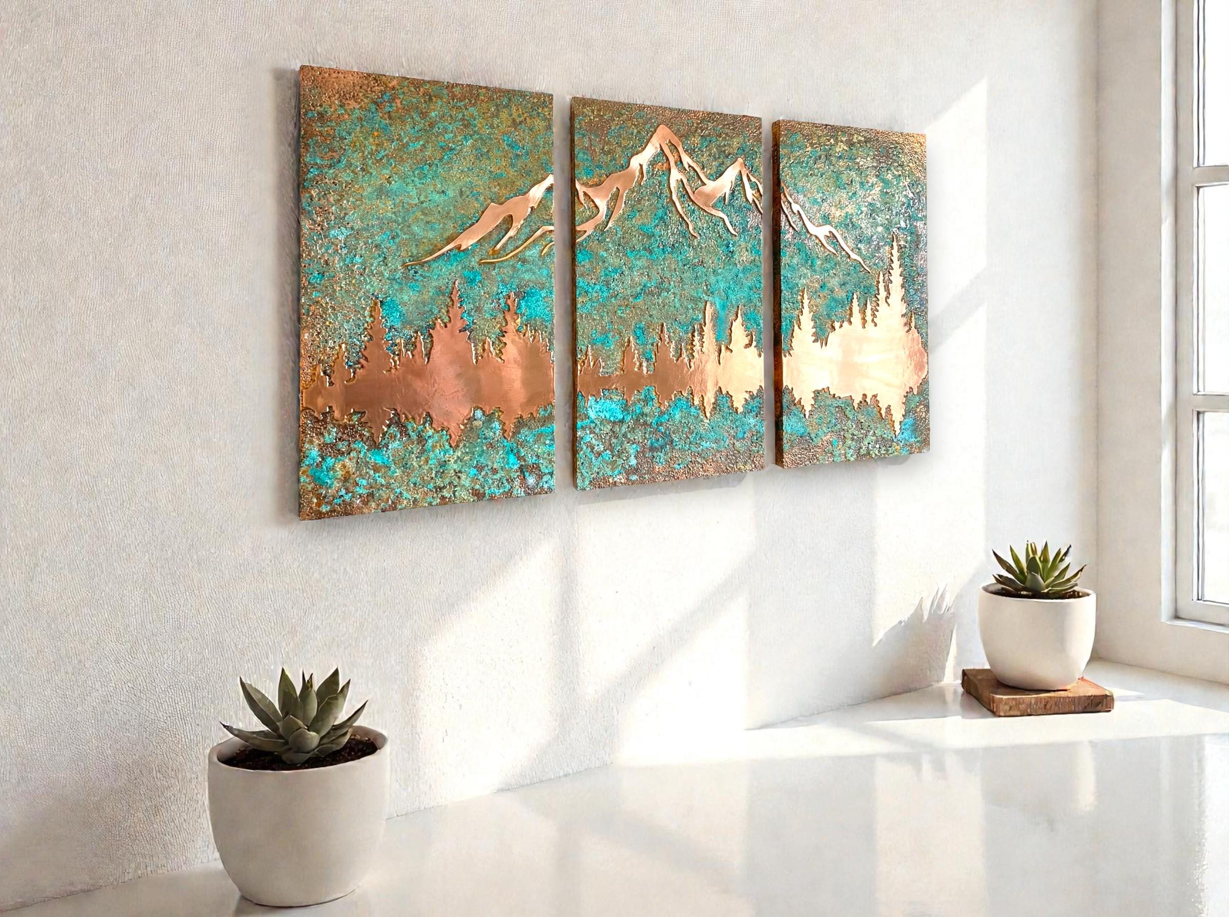Handmade Copper Mountain Triptych, Patina Metal Wall Art - Etsy