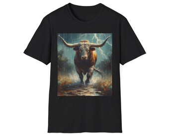Koszulka BULL in STORM, koszulka z grafiką Rancher, Western Livestock, odzież rodeo kowbojska, koszulka z motywem zwierząt gospodarskich, unisex softstyle, koszulka z motywem bydła, PBR