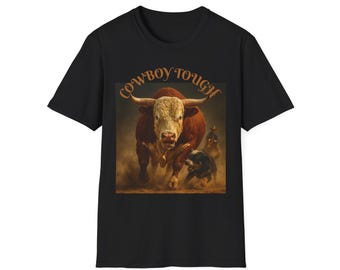 97030TSA - Koszulka kowbojska "Twardy kowboj" - Dorosły, Odzież w stylu western, Koszulka rodeo, Koszulka w stylu rustykalnym, Koszulka z grafiką dla kowbojów, PBR, Jazda na byku, Byk